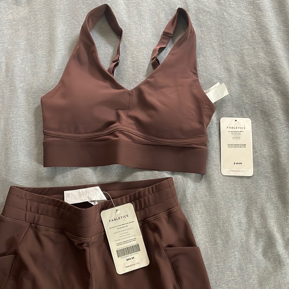 Fabletics on the go weather joggers and bra in brown/maroon